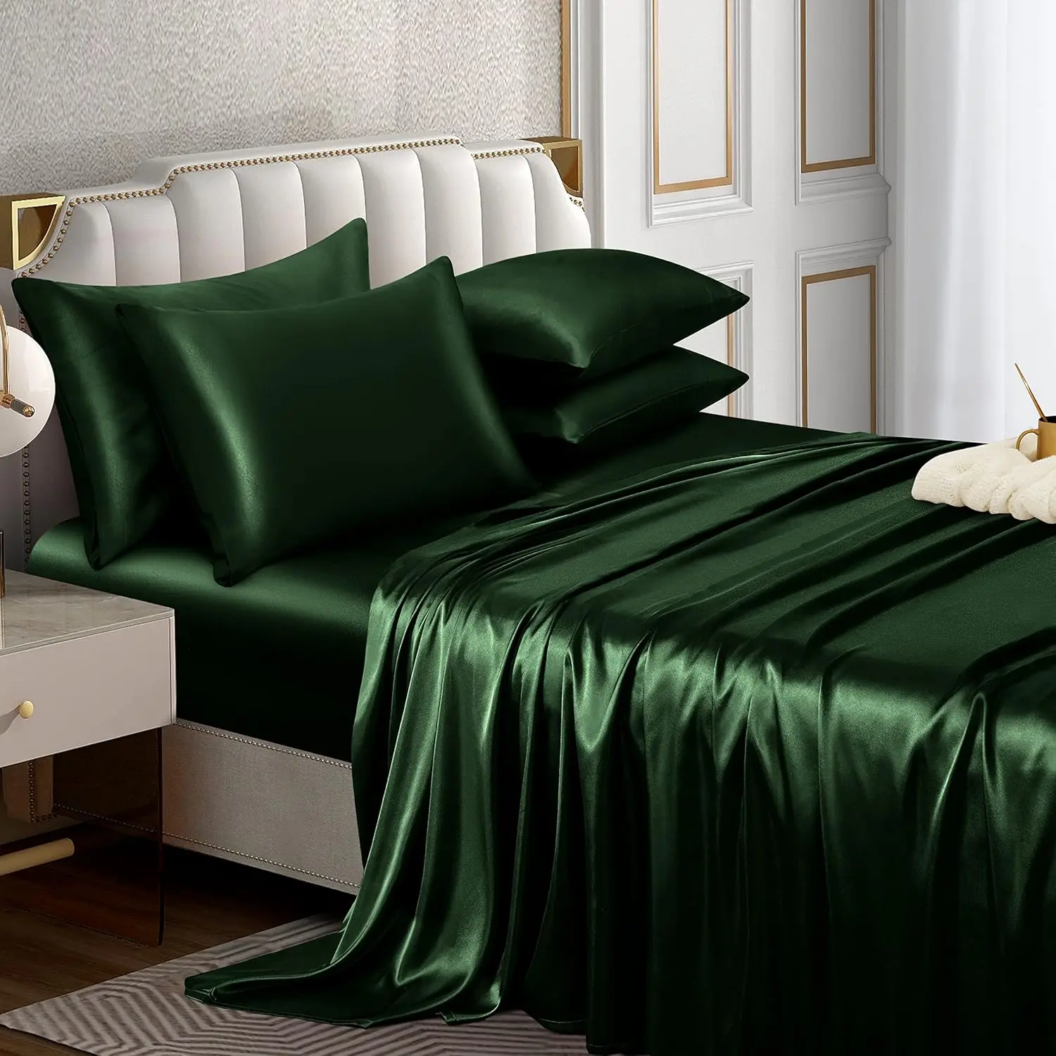 6 count Satin Sheet Set  Size Luxury Silky & Soft  Green Satin  Bed Sheet Set with 16" Deep Pocket, 1 Fitted Sheet, 1 Flat Sheet, 4 Pillowcases