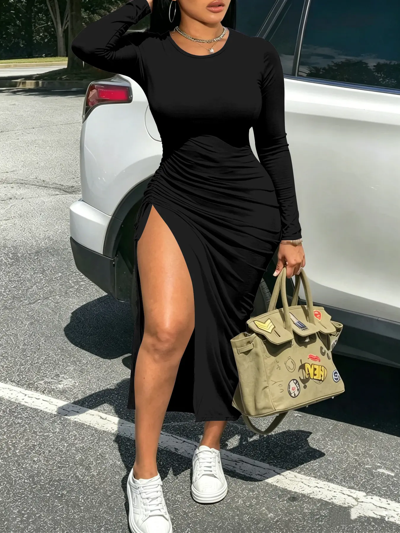 USBOUTIQUE CHIC Women's 2026 autumn and winter Long Sleeve Bodycon Dress Stretchy Slim Fit Midi Dress