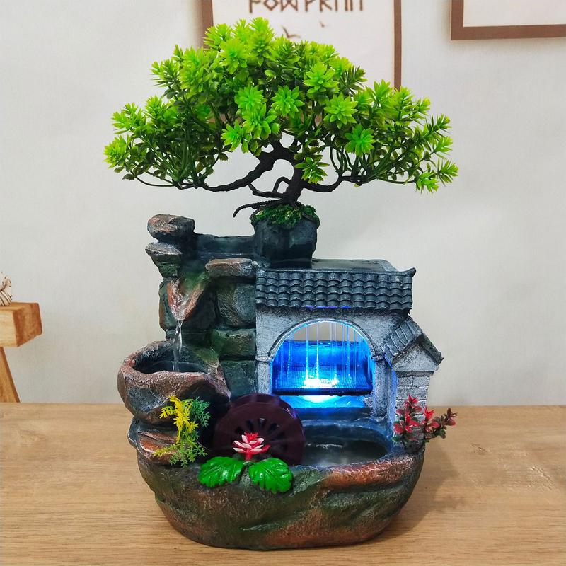CNCEST Desktop Mini Waterfall Fountain Meditation Ornament Stress Relief W/ Light LED Decoration Landscape Relaxation Indoor Waterfall for home