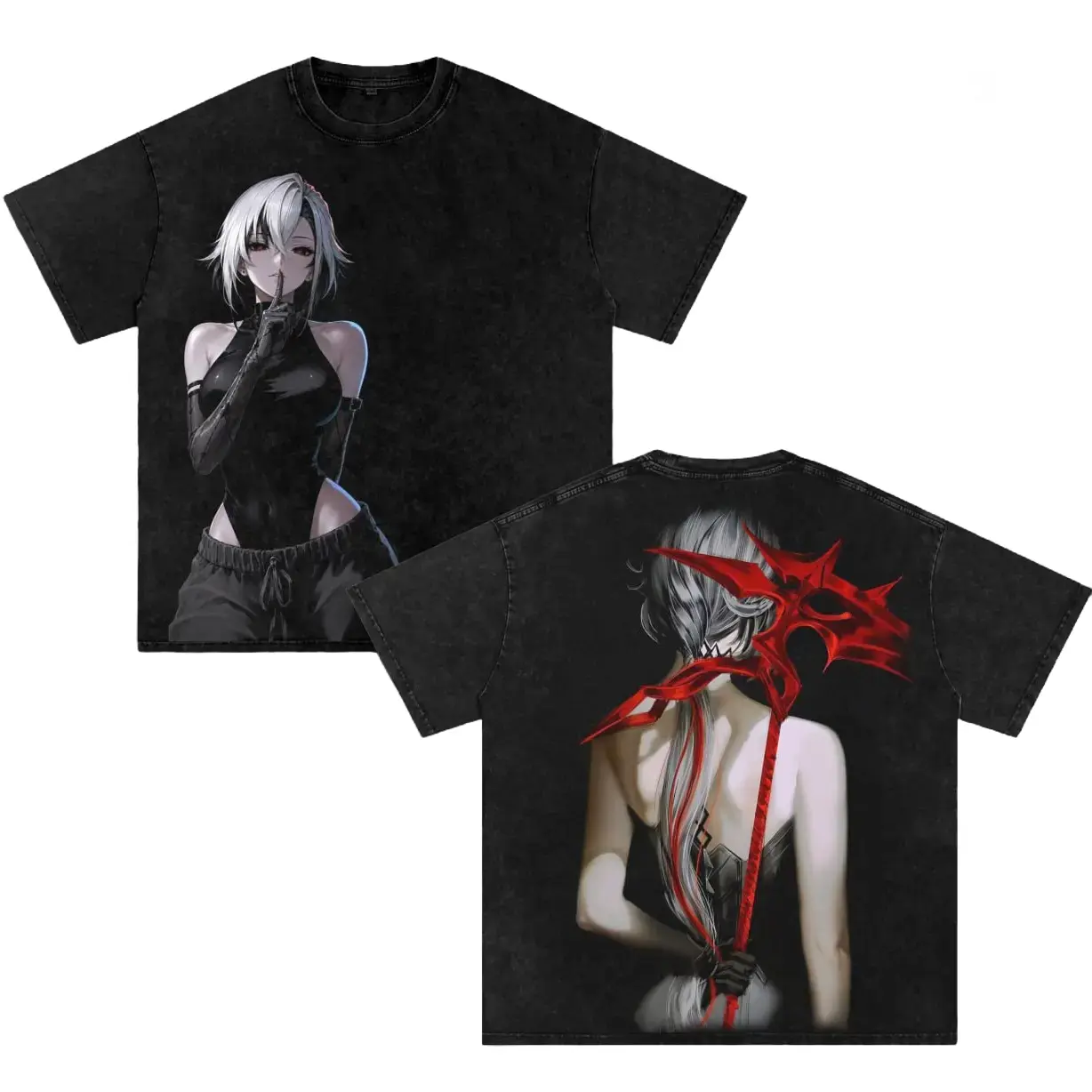 Arlecchino Genshin Ver3 Anime Double Printed Vintage Washed Tee Unisex Oversize Heavyweight Cotton T-shirt for Anime Fans and Lovers
