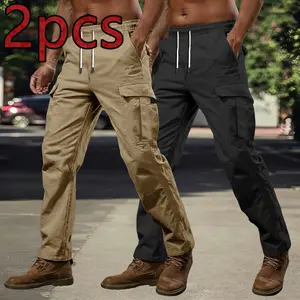 Men’s 2-pack loose-fit cargo pants featuring multiple pockets and an elastic waistband; casual streetwear style with drawstring trousers suitable for outdoor activities, urban fashion, everyday casual wear, and weekend outings.