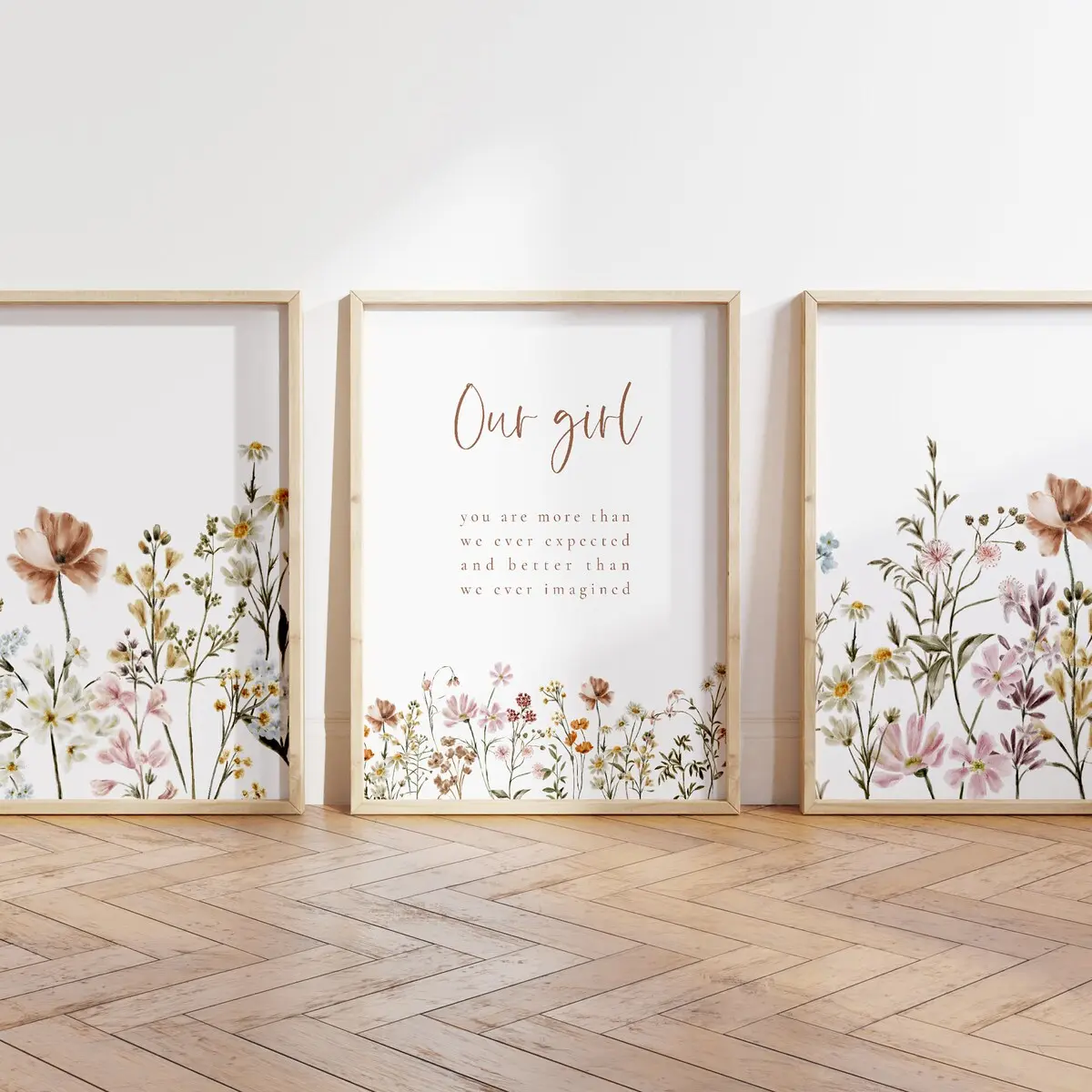 Set of 3 Boho Nursery Wall Art, Wildflower Nursery Decor, Botanical Print, Floral Nursery, Girl Nursery Decor, Vintage Flower Nursery, Our Girl