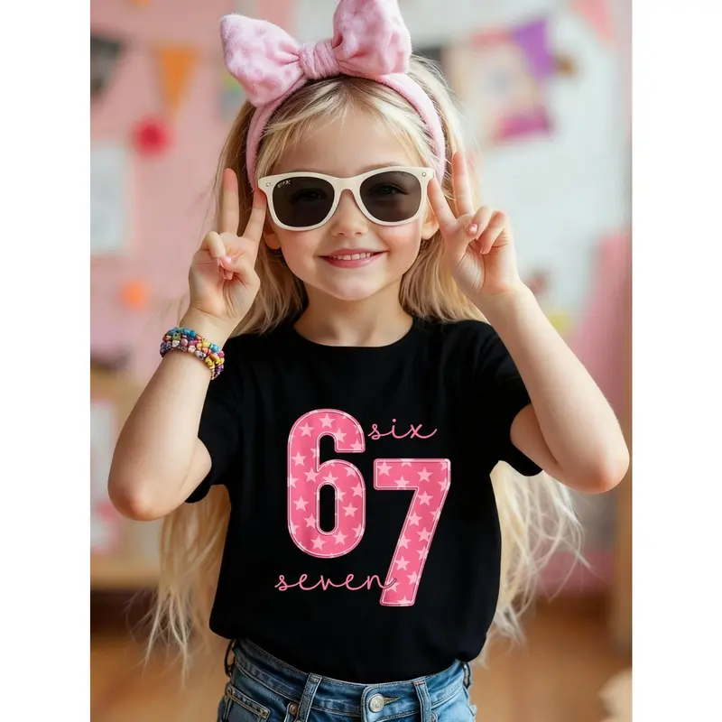 Young Girl's Star Cute Pink 67 Kids Graphic Cotton T-Shirt, Star
