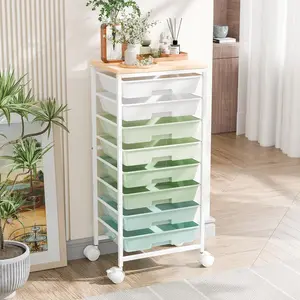 Rolling Cart with 8 Drawers, Drawers Cart with Wooden Tabletop and Lockable Wheels, Cart for Living Room, Office, Classroom, Craft Room, Green