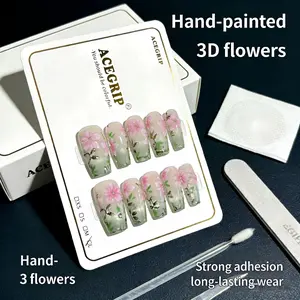 10pcs Handmade Ethereal 3D Flower Nail Art, Transparent Base Rectangular Nails, Unique DIY Nail Design, Perfect for Special Occasions
