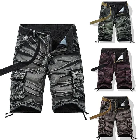 Men's Vintage Washed Cargo Shorts， Summer fashion versatile and durableMulti-Pocket with Belt Casual Streetwear Outdoor Shorts no elasticity