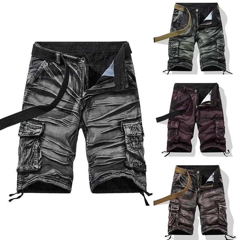 Men's Vintage Washed Cargo Shorts， Summer fashion versatile and durableMulti-Pocket with Belt Casual Streetwear Outdoor Shorts no elasticity