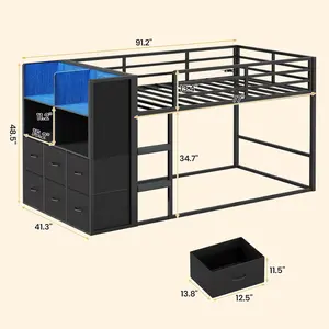 Sikaic Twin Over Twin Bunk Bed with Storage Drawers & Open Storage Shleves with LED Lights, Metal Black Low Bunk Bed Safety Ladder and 13.4" H Guardrail, Space Saving summergarden