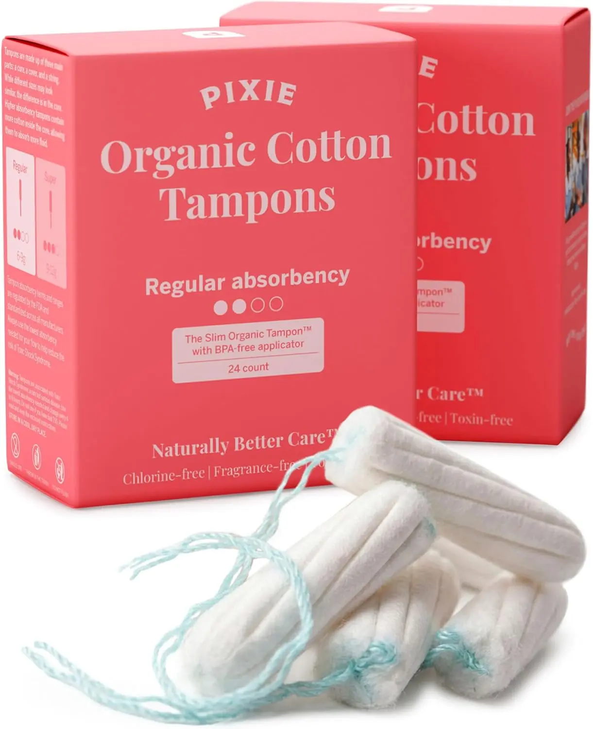 Pixie Organic Cotton Tampons – Regular Absorbency – BPA-Free Long Applicator – Unscented, Chlorine-Free Feminine Care – 48 Count