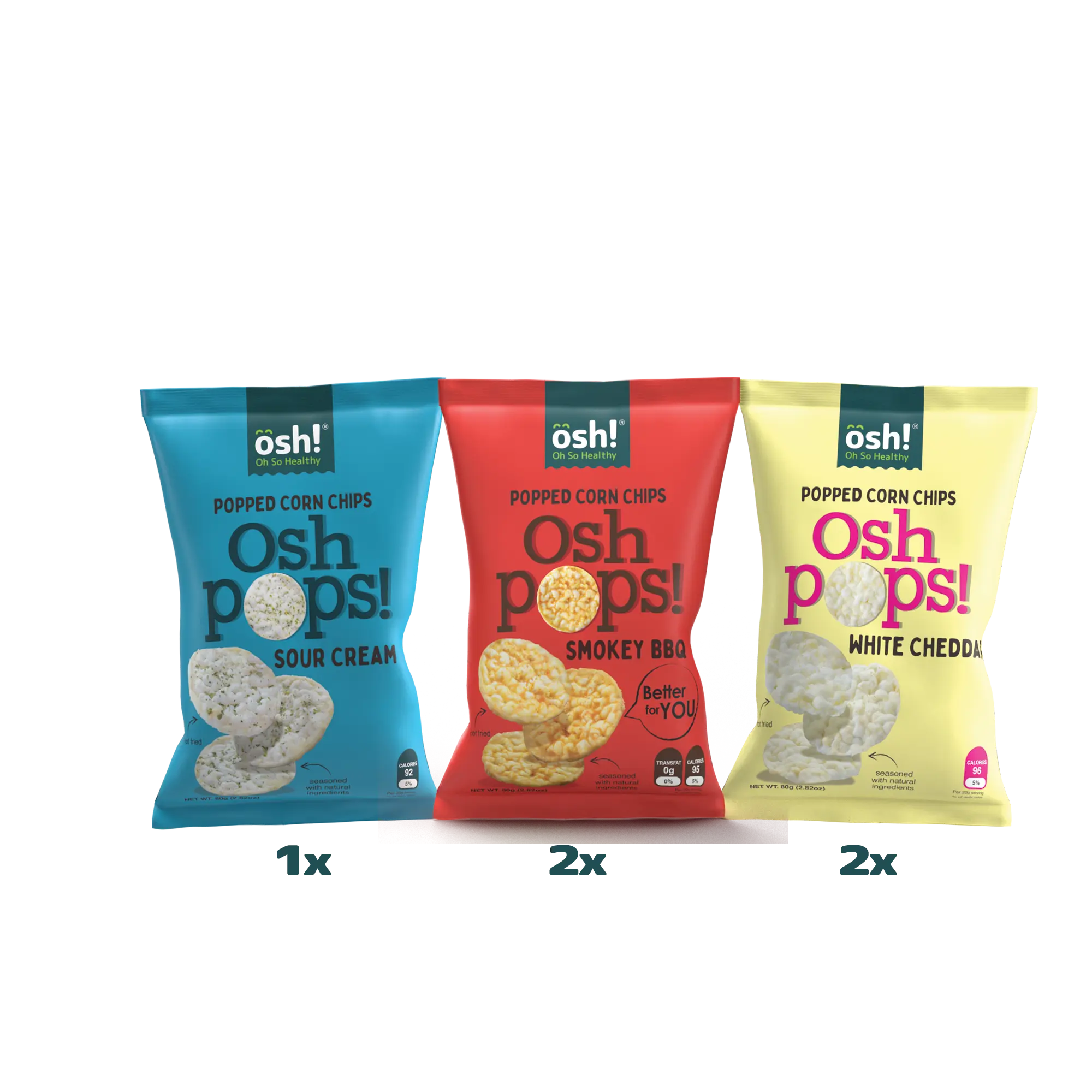 OSH! Oh So Healthy Assorted Baked Popped Corn Chips Crisps. The case includes 5x80g  packs!  2x BBQ  2x White Cheddar  1x Sour Cream. Gluten-free Never fried. Your go to Guilt free Snack.