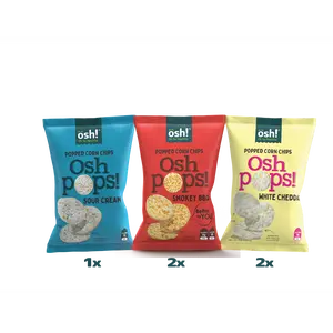 OSH! Oh So Healthy Assorted Baked Popped Corn Chips Crisps. The case includes 5x80g  packs!  2x BBQ  2x White Cheddar  1x Sour Cream. Gluten-free Never fried. Your go to Guilt free Snack.