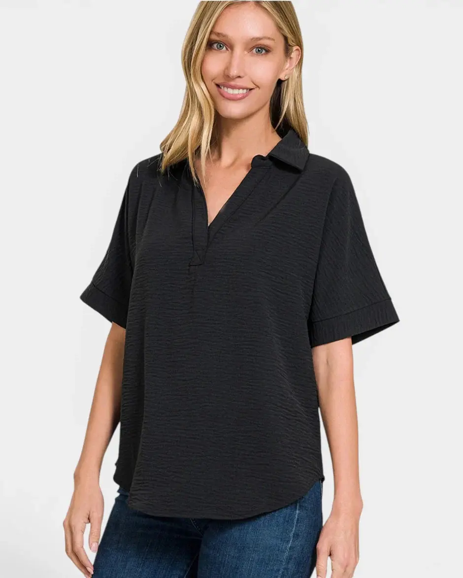 Woven Airflow Collared V neck Shortsleeve Top