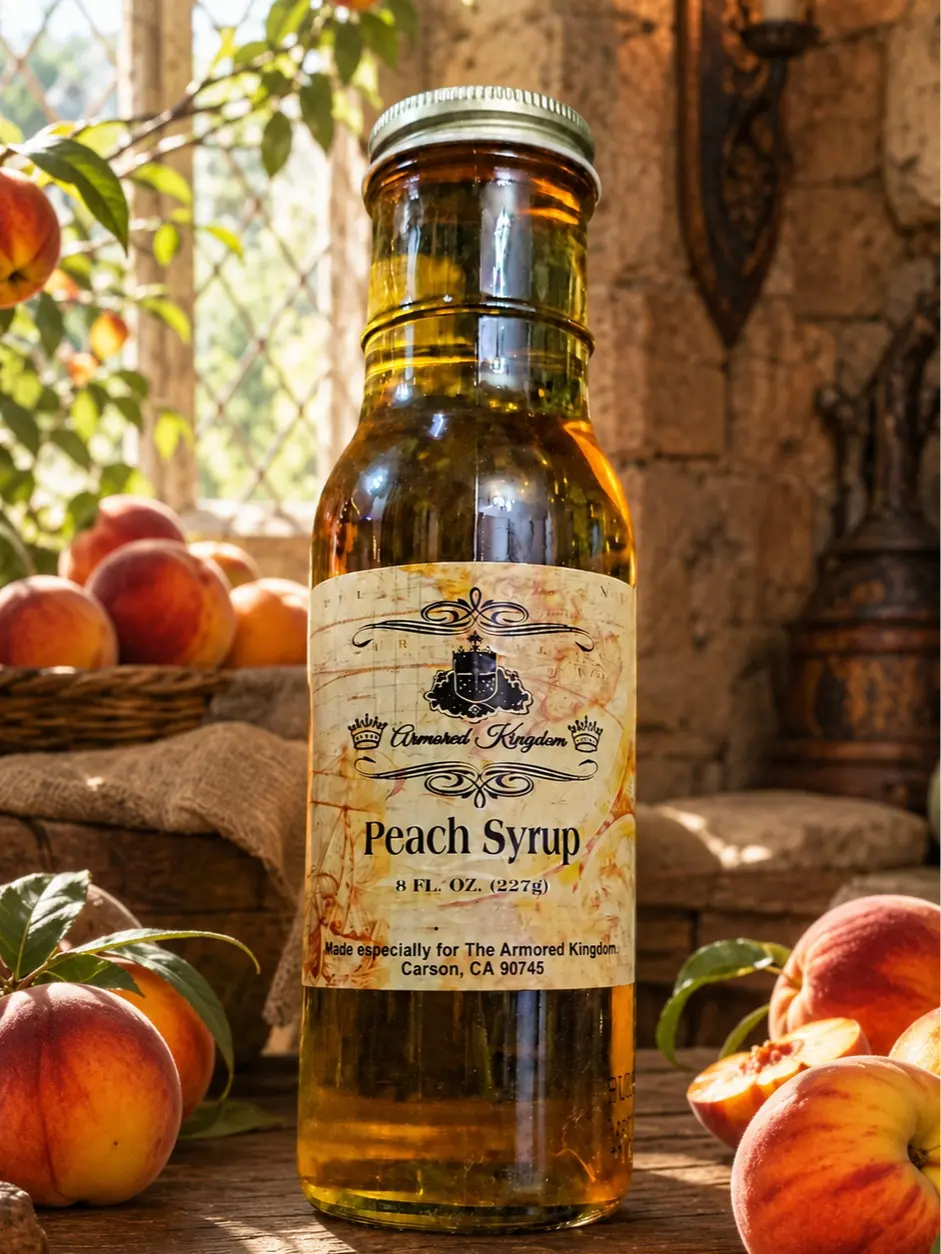 The Armored Kingdom Organic Gourmet Gold Juicy Peach Beverage Syrup - 8oz, Sweet, GF, Low Sodium, Gluten-Free, Premium-Ingredient Syrup with Premium Sweeteners for Pancakes, Desserts (Ideal for Friends, Youth), Fruity
