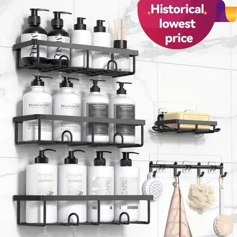 YASONIC Metal Bathroom Caddy Set, 2/5/6-Pack Modern Minimalist No-Drill Wall-Mounted Organizers, Rust-Proof Durable Shower Caddy with Removable Hooks, Home Essentials for Bathroom Use