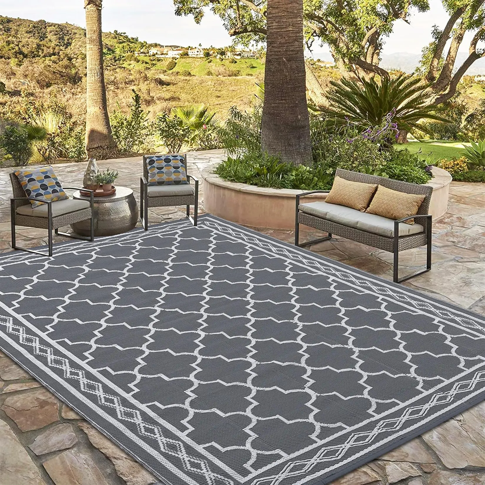 GARVEE Outdoor Rug 10'x20' for Patios Clearance, Reversible Outdoor Plastic Straw Waterproof Camping Carpet, Large Area Rugs Patio Mats for Outside RV, Camper, Deck, Porch, Beach, Picnic (Grey/White)