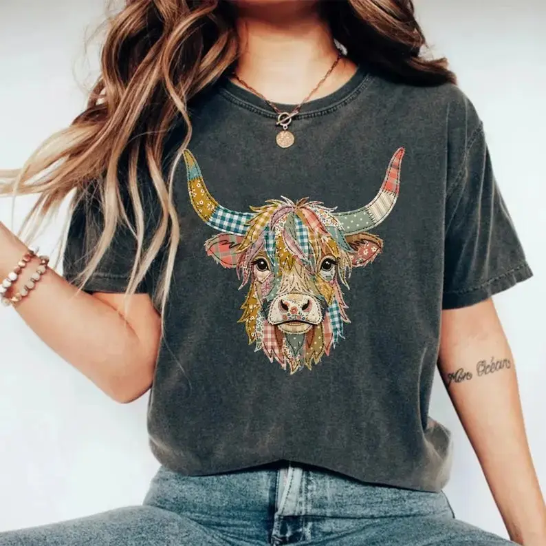Women's Cottagecore Cow Print Printed T-Shirt - Vintage Retro Ribbed Crew Round Neck Basic Short Sleeve Cotton Rustic Boho Quilted Farm Animal Top