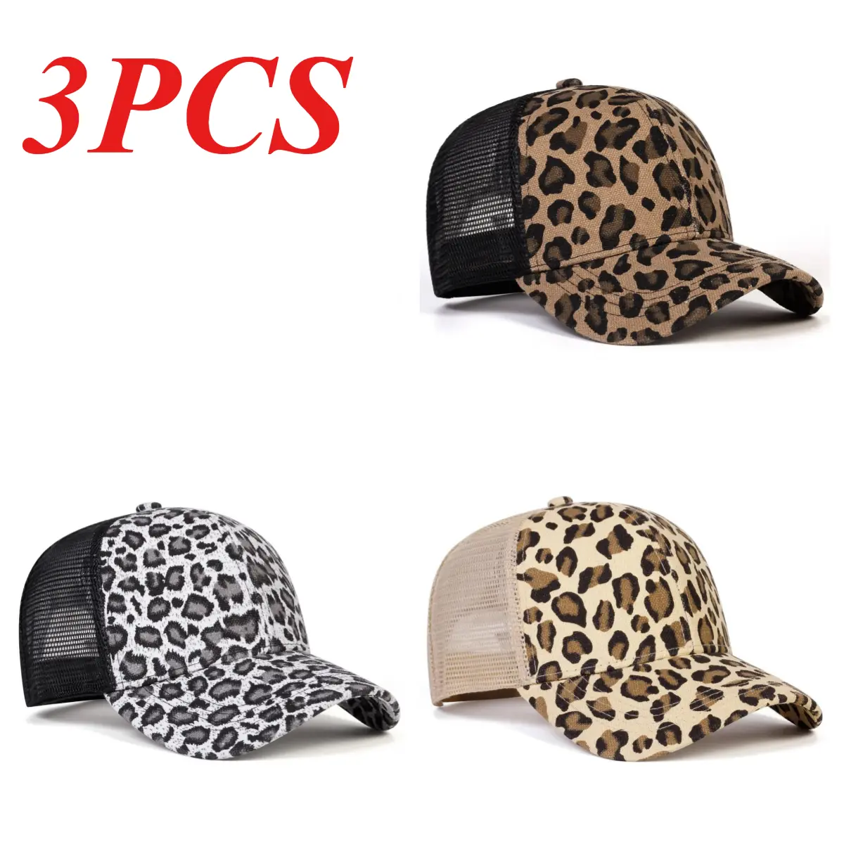 Unisex 3-Pack Adjustable Snapback Mesh Hats - Casual Korean-Style Large Leopard Print Cotton Baseball Caps, Sun Hats for Spring/Summer New Arrivals, Adjustable Snapback Hat