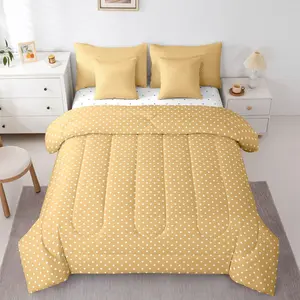 Feelyou 7-Piece High Tenacity Geometric Print Yellow Comforter Set - White Polka Dot Bed-in-a-Bag Bedding Set with Sheets, Multi-Size Modern Room Decor, Machine Washable