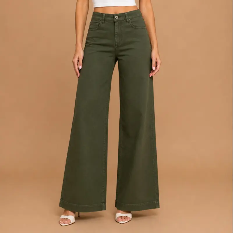 Lover Brand Women's High-Waisted Wide Leg Jeans - Stretchy Colored Denim Twill Fabric, Button-Zip Closure, Tummy-Flattering Fit, Pockets, Early 2000s Aesthetic Retro-Vintage Street Wear Bottoms