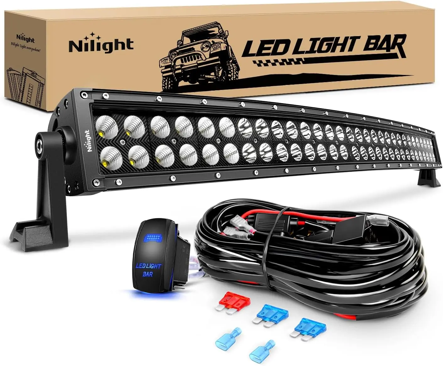 Nilight 32In Curved 180W LED Light Bar Car - Waterproof Aluminum Spot-Flood Combo Work Light with 16AWG Wiring Harness Kit, Flexible Switch, Relay, Blade Fuse, 4 Wire Connectors, Heat Dissipation for Night Driving, Rocker Switch
