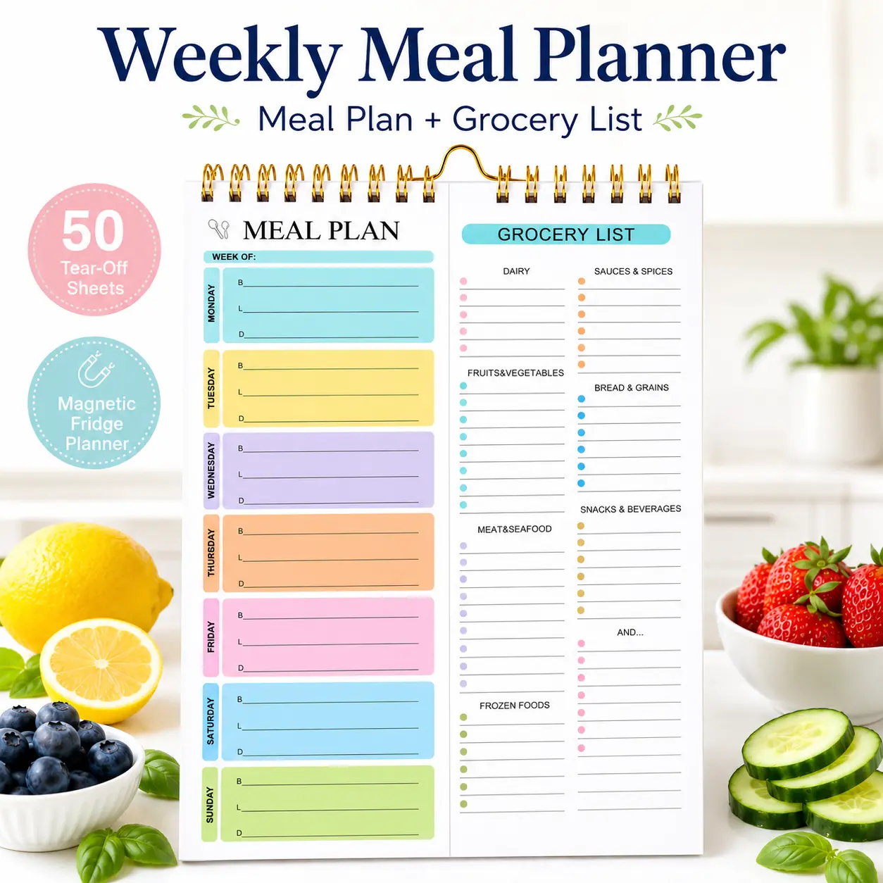 Magnetic Weekly Meal Planner & Grocery List Pad for Fridge, 50 Tear-Off Sheets Family Command Center, Menu Planner and Meal Prep Organizer for Busy Moms, Dinner Schedule & Kitchen Home Organization,executive planning notebook