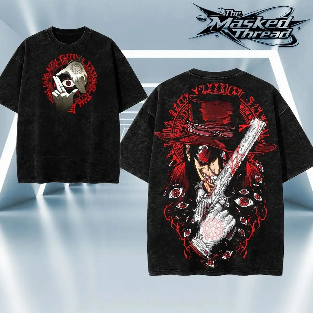 Alucard Hellsing Acid Wash T-Shirt Sweatshirt Hoodie Gothic Anime Vintage Oversized Graphic Tee Dark Fantasy Streetwear Unisex Harajuku Washed Cotton Horror Manga Vampire Gift Red Black Graphic FNX
