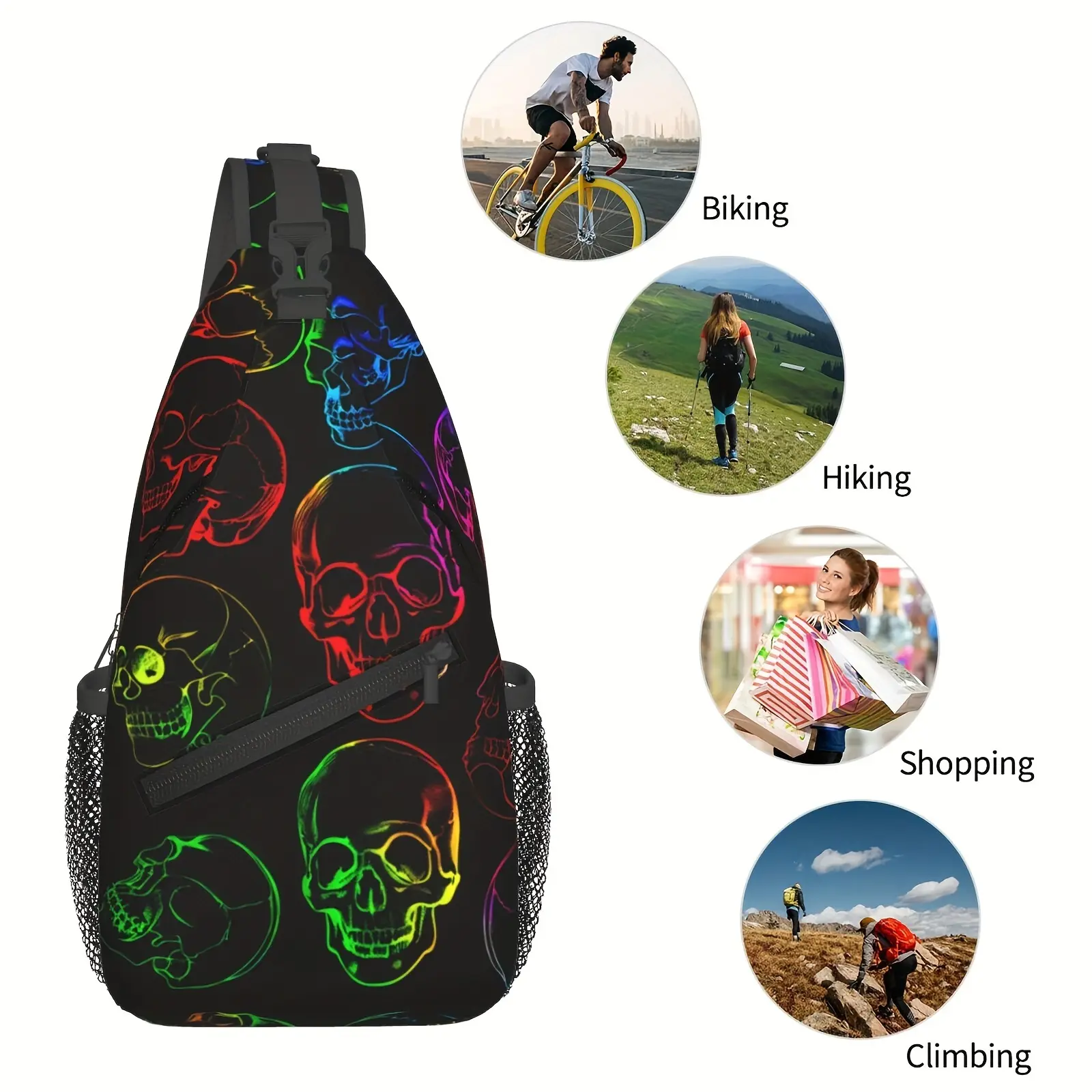 Men's Polyester Skull Print Crossbody Bag - Adjustable Strap, Folding, Large Capacity, Durable Chest Messenger Sling Luggage for Hiking, Casual Use