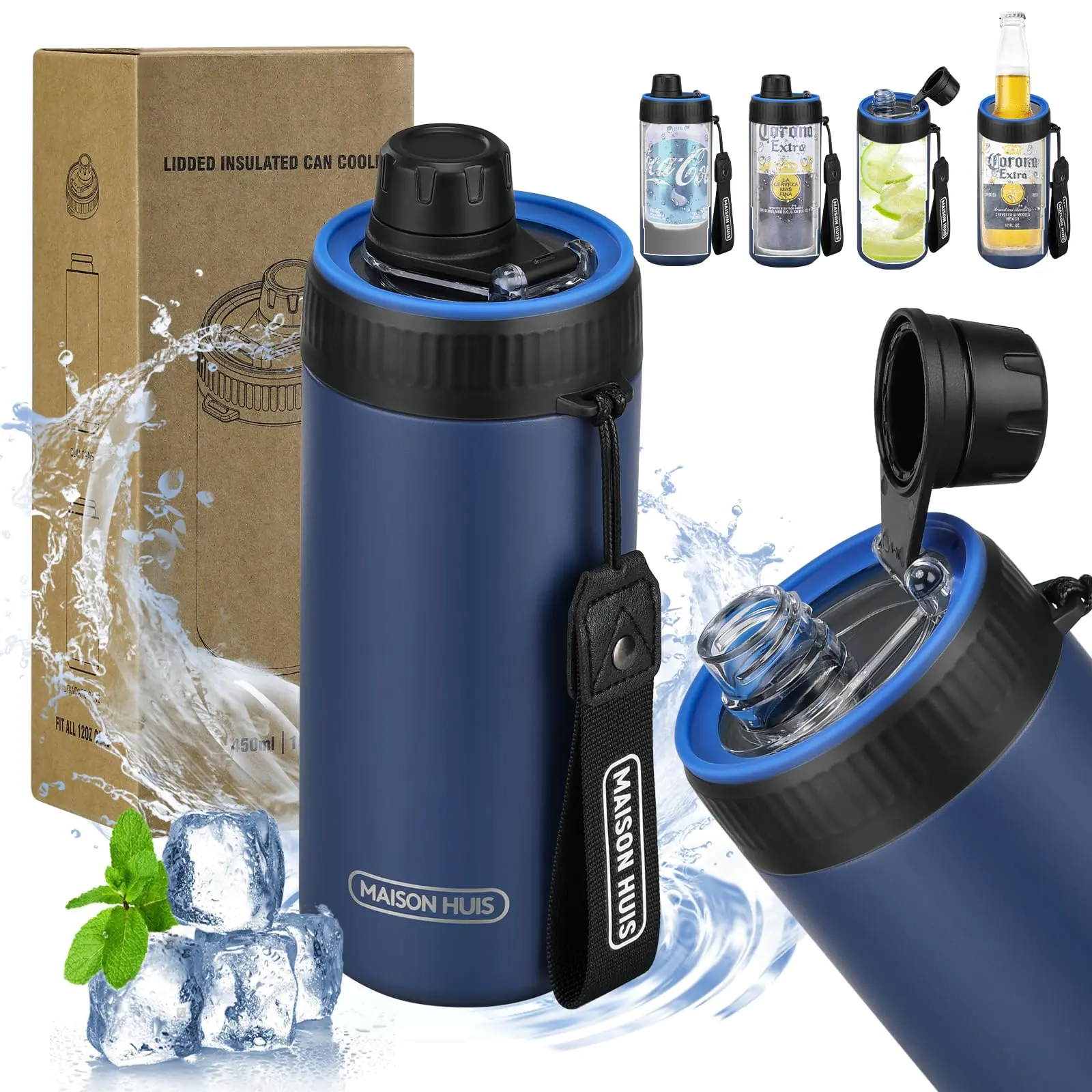 4-in-1 Beer Can Cooler Bottle Holder with Spout Lid for 12oz Regular & Slim Cans, Double Wall Stainless Steel, Keeps Drinks Cold, Drinkware Flask