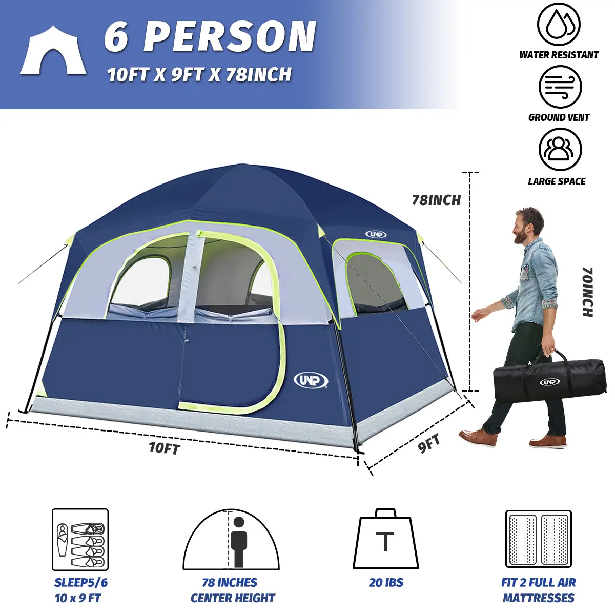 UNP Tents 6 Person Waterproof Windproof Easy Setup,Double Layer Family Camping Tent with 1 Mesh Door & 5 Large Mesh Windows -10'X9'X78in(H) fold out tent essentials canopy quick camp gear trip