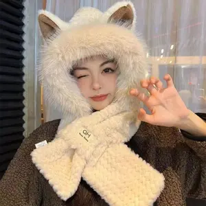 FWinter Warm Caps luffy Thicken Bomber Hats Womens Hooded Hat Scarf Set Kawaii Cute Fuzzy 3D Fox Ears for Cold Weather Furry Adorable Winter Warmth Fun Accessories Cozy Hat