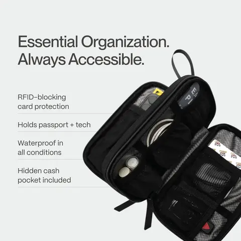 AVIO HATCH Waterproof RFID Travel Pouch - Multi Pocket Organizer, Compact Zippered Protective Bag, Secure Closure, 4 oz Containers, Diamond-Lined, Wipeable Surface (Wipe with Damp Cloth), Waterproof Phone Pouch for Bag Organization, Short Trips