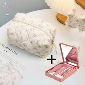 Pastel Bow Print Cosmetic Bag + 5-in-1 Travel Brush Set with Mirror, Lightweight Quilted Makeup Pouch, Portable Beauty Storage & Brush Kit for Girls