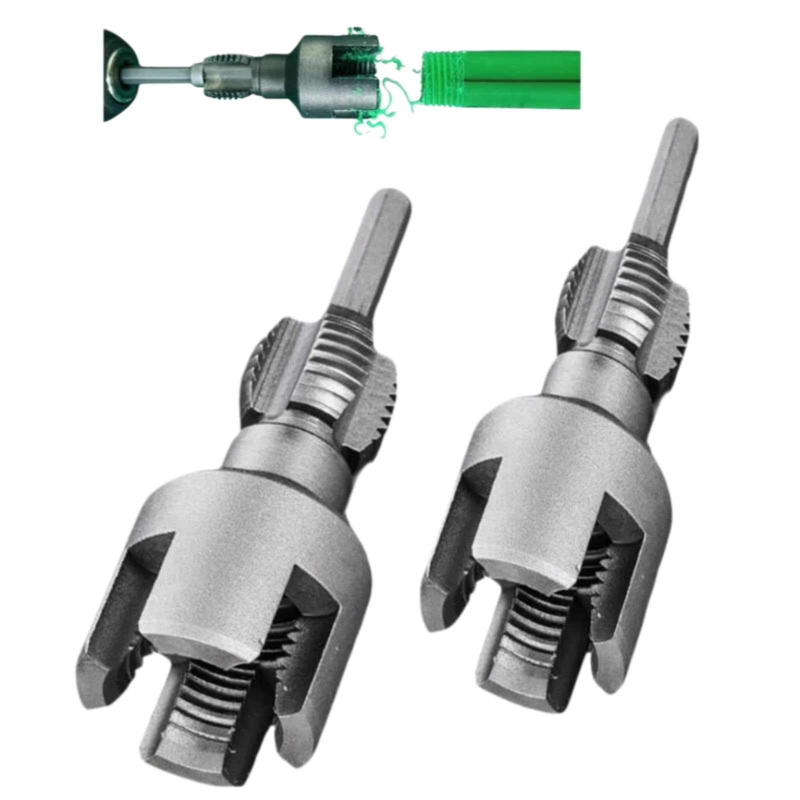 2-piece 1/2" and 3/4" PVC threaded cutting tools for internal and external pipe threading; dual-function electric drill kit suitable for PVC plastic pipe threading; precision alloy steel NPT pipe threading sleeve set; dual-function pipe threads
