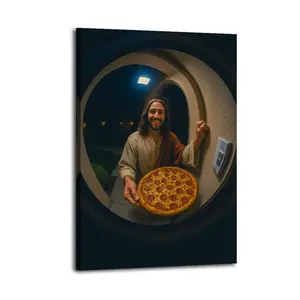 Jesus Brings You Pizza Artistic Wall Decor, Waterproof Canvas Poster, Cute And Vibrant Poster for Bathroom, Living Room, Bedroom, Dorm, A Perfect Gift Idea for New Year Home Decor