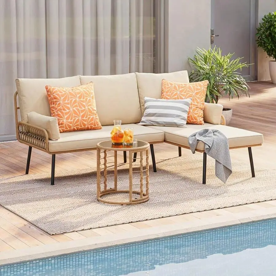 L-Shaped Wicker Outdoor Patio Sectional Sofa Set - All-Weather Furniture Set with Thick Cushions, Detachable Lounger, Side Table, Modular Couch for Backyard Relaxation, Balcony Outdoor Spaces