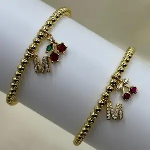 14K Gold Plated Cherry & Initial Bracelet - Personalized with Any Letter Available