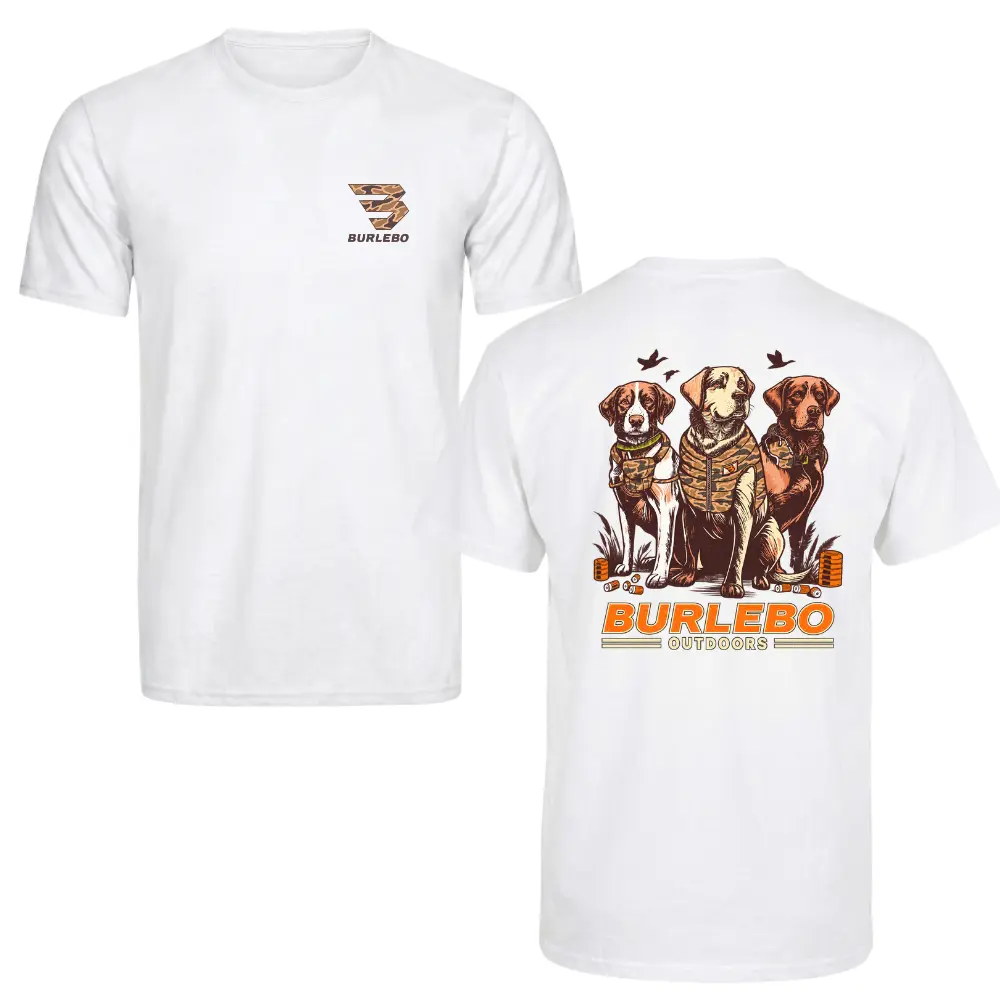 Burlebo Outdoors Hunting Dogs T-Shirt, Three Retriever Graphic Front & Back Print White Unisex Tee for Hunters and Dog Lovers