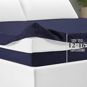 Zippered Mattress Fitted Protector Deep Mattress Encasement Soft Zipper Fitted Sheet Microfiber Bed Sheet Cover for Bed (Navy Blue,Queen,12-16in)
