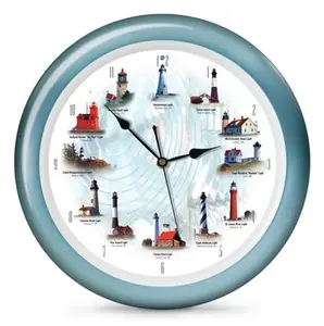 Lighthouse Nautical Ocean Sound Wall Clock 13 Inch Blue Frame with Maritime Sounds Light Sensor Battery Operated Coastal Decor