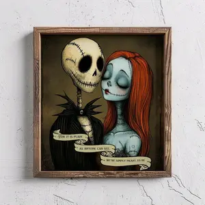 Couple Art Poster -Vintage Love & Classic Jack and Sally Nightmare Before Christmas Portrait Artwork Print- Ink Design Wall Artwork