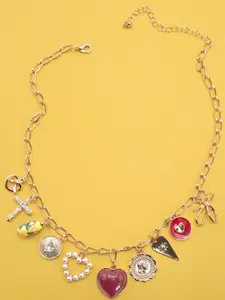 Charm Necklace-Bow Toile Floral Red Heart Cross Gold Plated 16" Ball Chain Lobster Claw Clasp Romantic Vintage Religious Motif