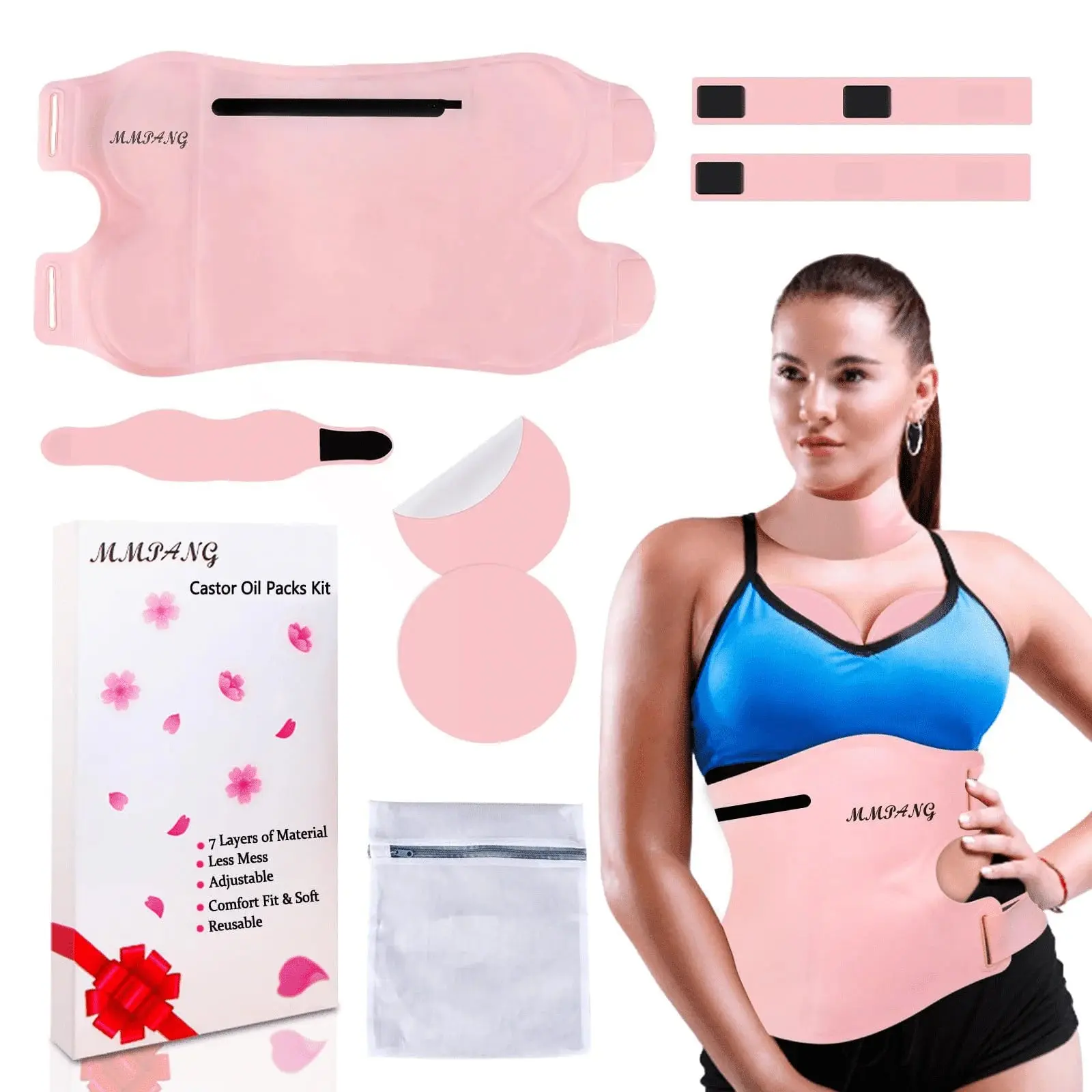 Women's Shapewear MMPANG Adjustable Organic Castor Oil Pack Wrap - Flannel-Nylon, Anti-Leak Design, Comfortable Straps, Cotton Fit for Waist, Neck (7-Pack, Oil Not Included)