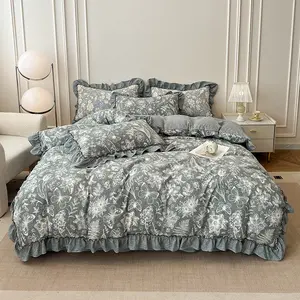 Vintage Ruffled Bedding Set, Butterfly & Floral Pattern, King Size, Includes Duvet Cover & Pillowcases, Ideal for Girls' Bedroom
