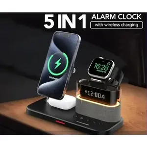 5 in 1 Multifunctional Magnetic Wireless Charger Stand RGB LED Night Light Alarm Clock for IPhone Samsung Xiaomi Fast Charging