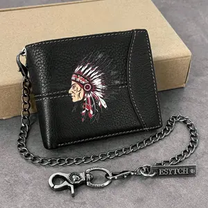 Vintage Indian Chief Printing Wallet Mens Street Punk Leather Purse W/Chain