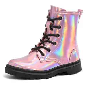 Kids Holographic Pink Lace-Up Boots with Chunky Sole, Faux Leather Comfort Lining, Everyday School & Play Ankle Boots, Trendy Vintage-Inspired Style Shoe