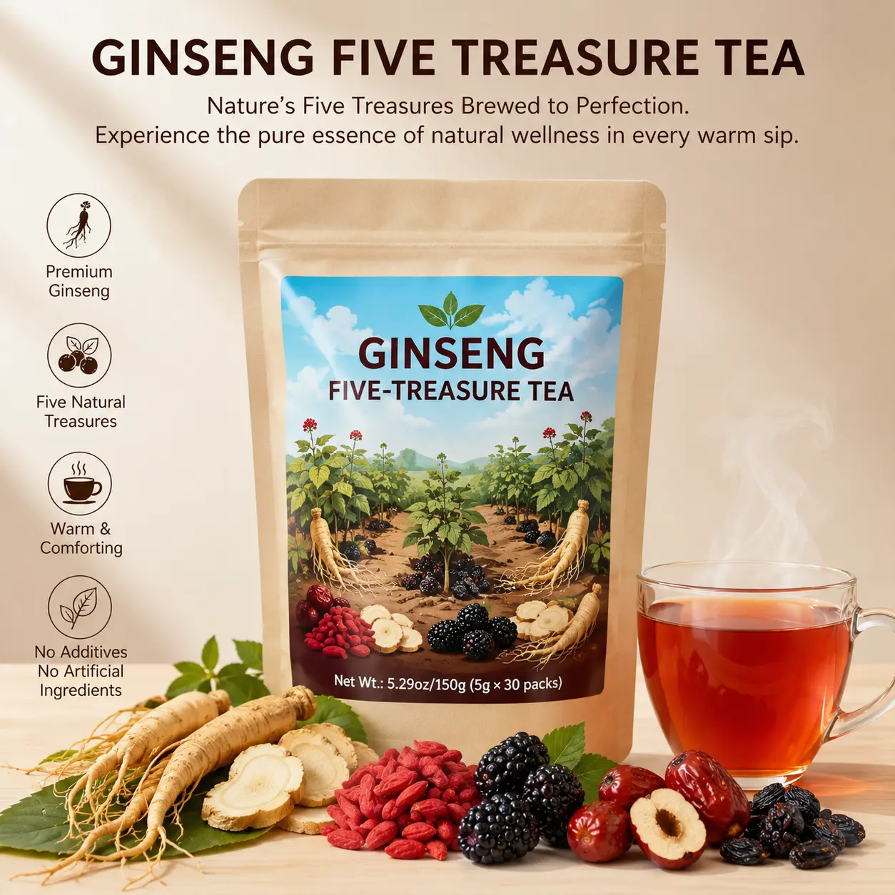 [Upgraded Formula] Summervibes Five Treasure Ginseng Kidney Tea Edible Corn Fiber Tea bags,Organic Gift for Mom & Men 7 Precious Ingredients Formula Natural Herbal Beverage Good for Kidney