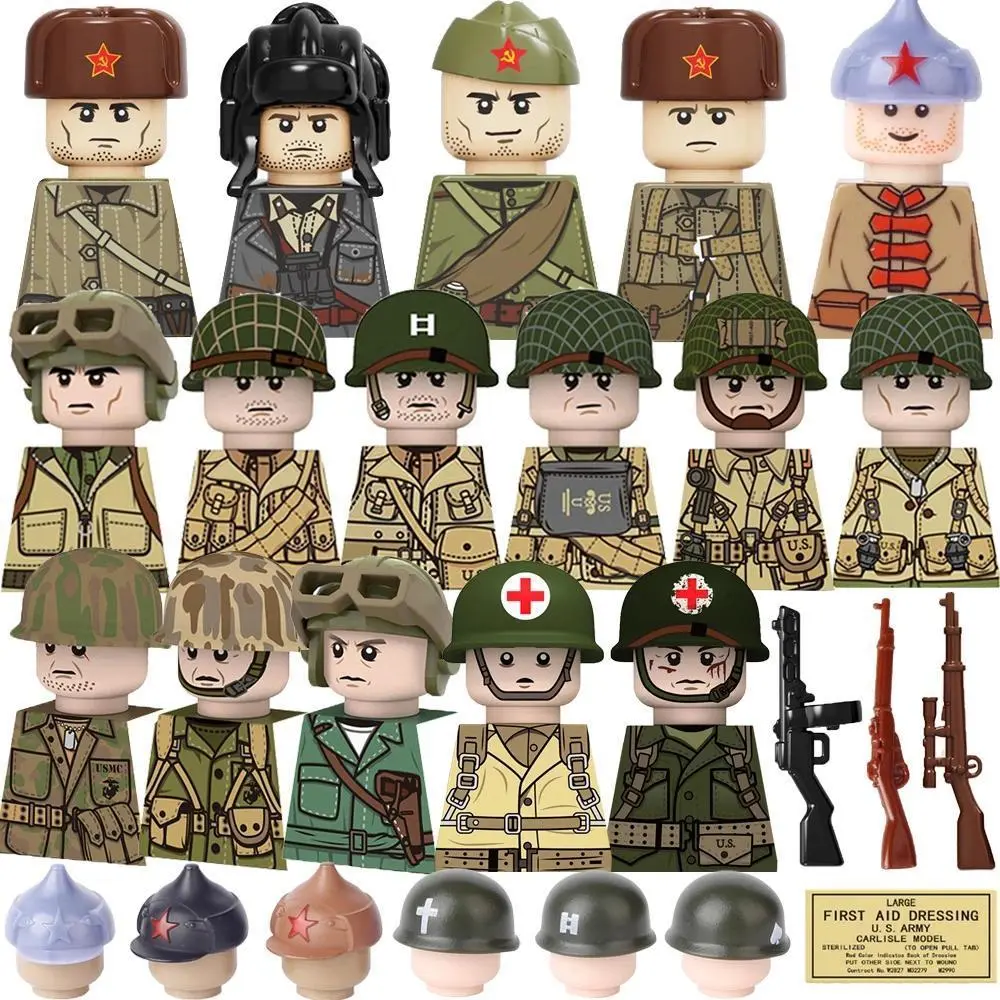 WW2 US Army & Soviet Soldier Figure MOC Building Block Sets, ABS Plastic Unisex Kids' Gift Toy B145 with Medic Figure, Sniper Rifle, Bunion Hat, Helmets