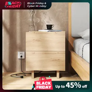 [TikTokShopBlackFriday]Wave Nightstand with Charging Station19" Wide Nightstands with 2 Large Drawers, Wooden Bedside Table, Rustic End Tables for Bedroom, Living Room