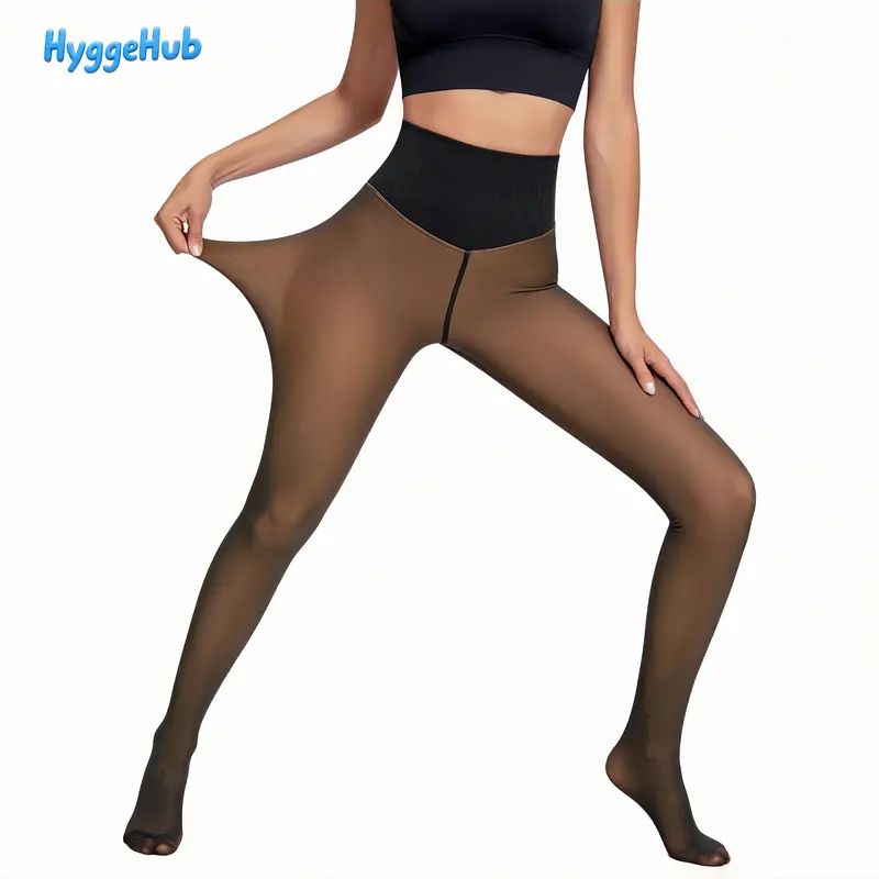 High‑Waistband, One Seam Option, Fleece Lined Leggings for Women - Thermal Lined, Sheer Pantyhose, Closed Foot, 4 Shades, Tights Fit Womenswear